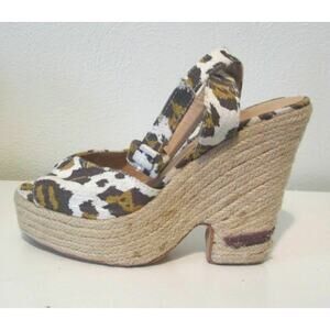 Marco Santi Womens Platform Wedge Sandals 6 Tan Black Cheetah Ankle Strap Hemp